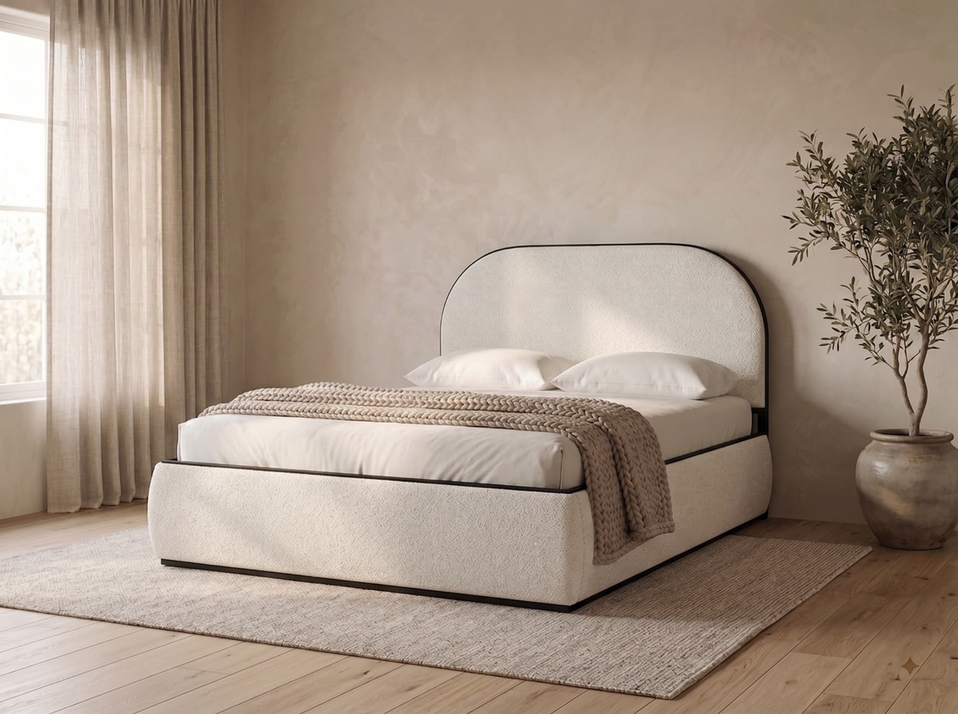 Umi upholstered metal bed with arched headboard in a warm minimal bedroom