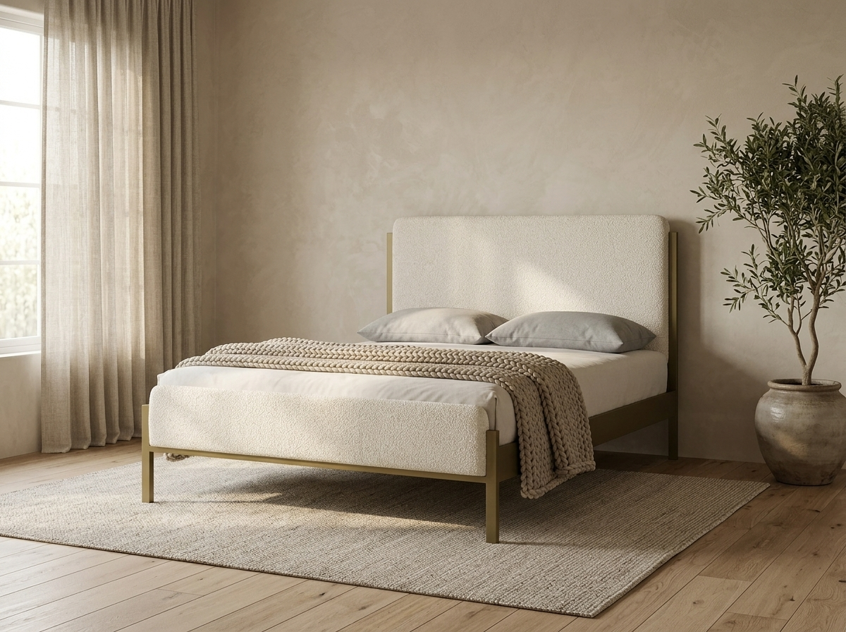 Upholstered metal bed frame in a sunlit warm minimal bedroom
