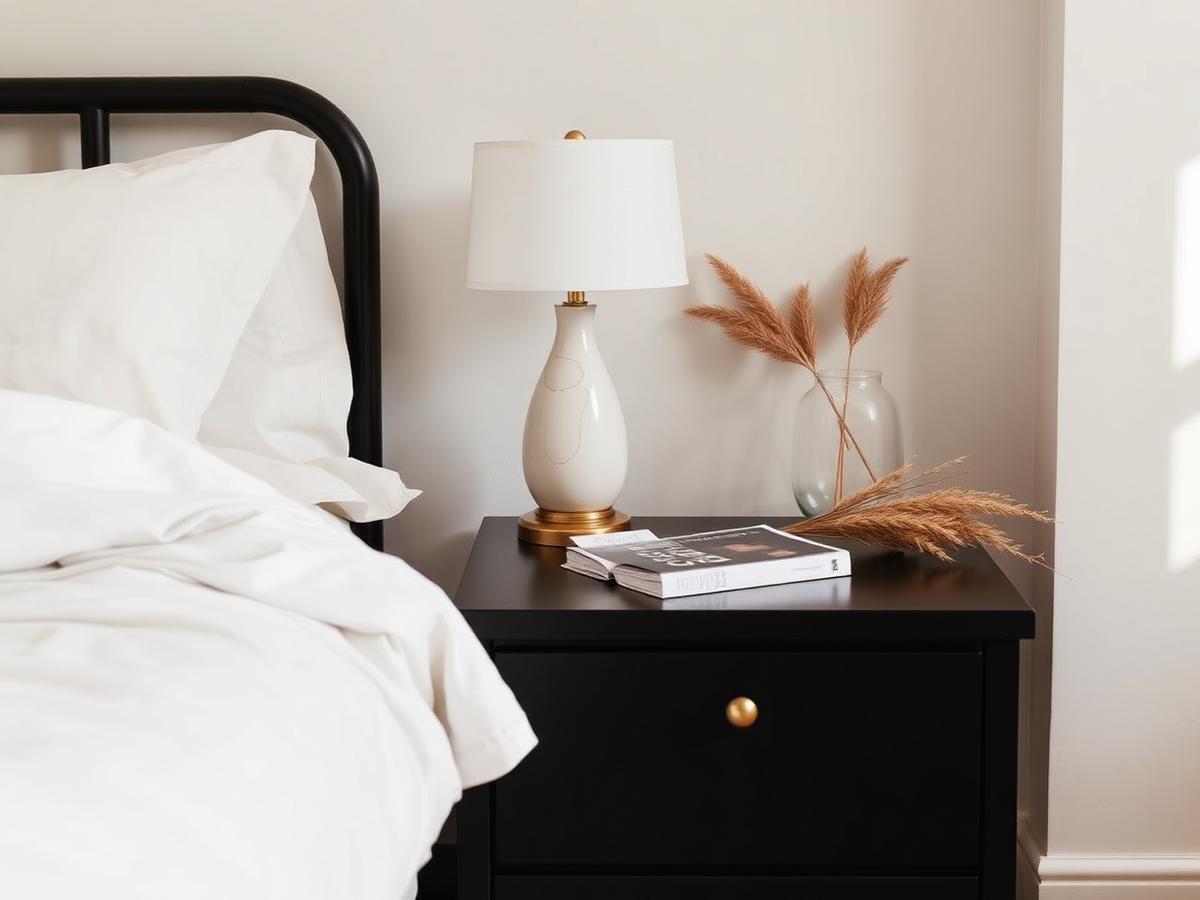 Black Kavoh nightstand with brass hardware beside a bed
