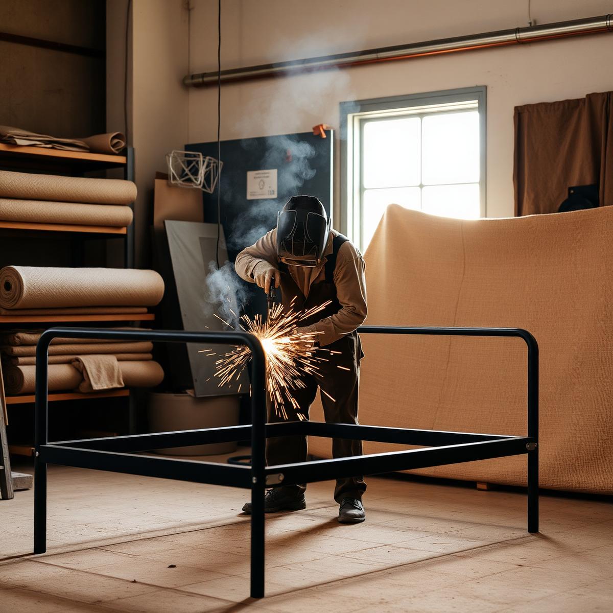 Kavoh craftsperson welding a steel bed frame in the Los Angeles factory